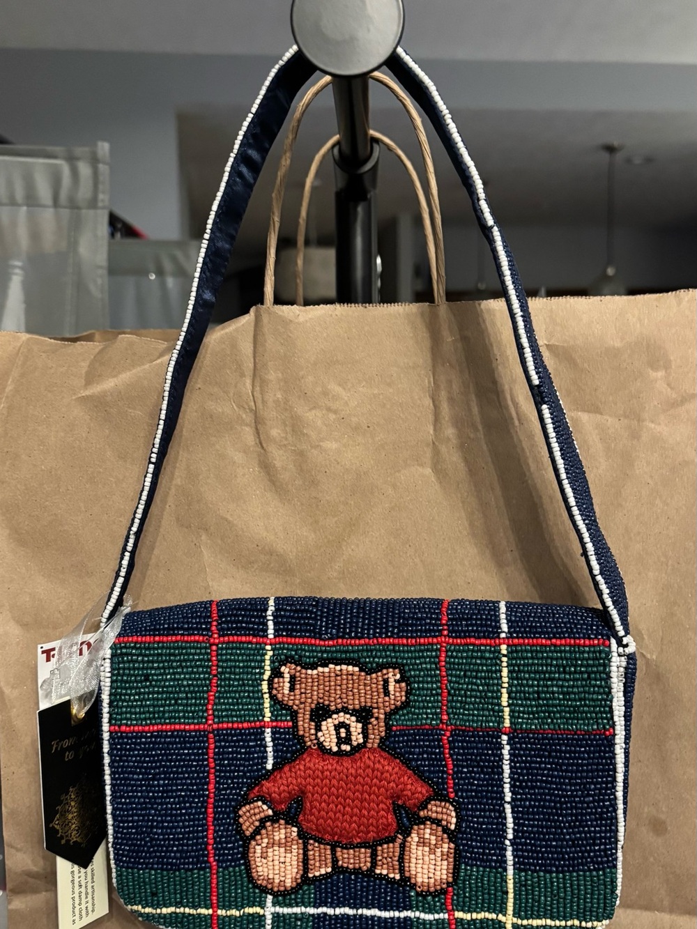 Beaded Teddy Bear Plaid Shoulder Bag - Navy/Green/Red
